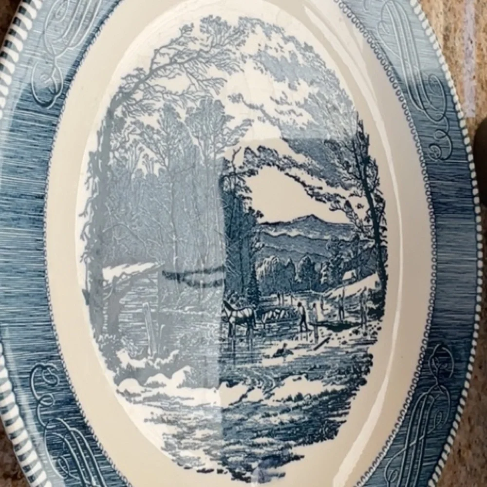 Vintage Currier Ives Blue Royal Round Platter 12” Chop Plate Winter GETTING ICE